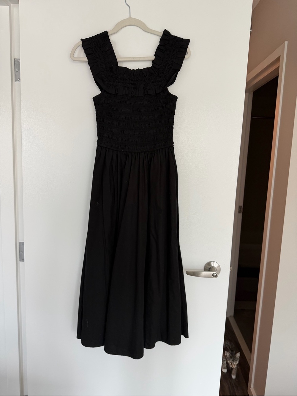 Aritzia Black Smocked Ruffle-Strap Midi Dress